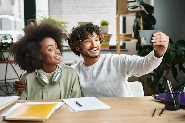 Man Woman Capture Moment Smiling Together While Taking Selfie Modern — Stock Photo, Image