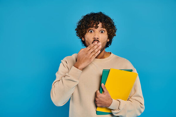 A man of Indian descent stands in casual attire against a blue backdrop, holding a folder and displaying a surprised expression.