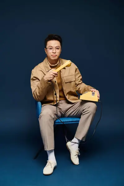 Jeune Homme Mode Tenue Élégante Assoit Sur Une Chaise Bleue — Photo