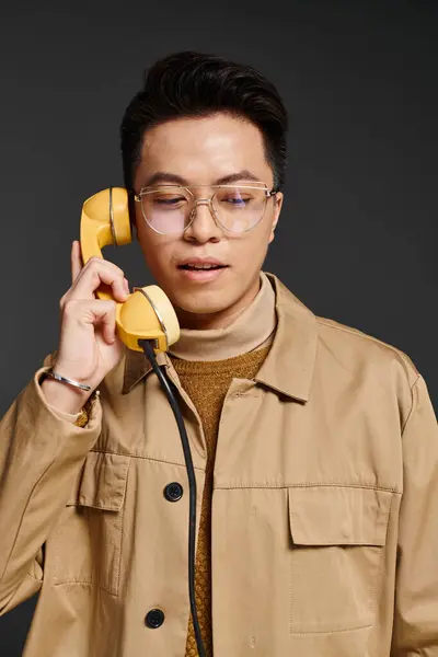 Modny Młody Człowiek Eleganckim Stroju Zabawnie Trzyma Telefon Przy Uchu — Zdjęcie stockowe