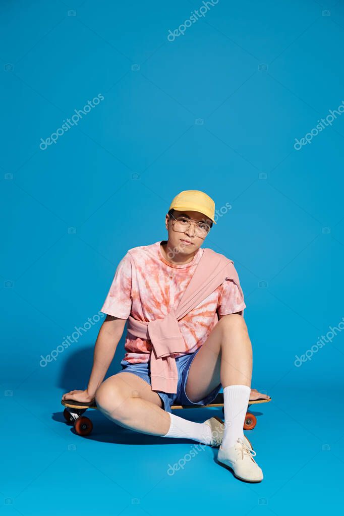 A stylish young man in trendy attire sits on the ground with a skateboard, embracing a moment of relaxation.