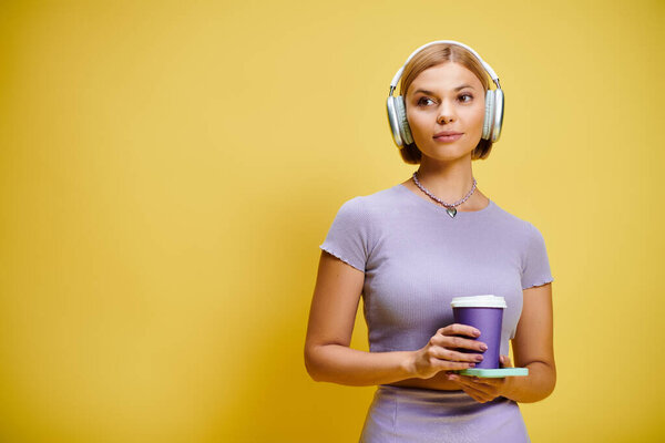 young cheerful woman with headphones and cell phone enjoying her coffee on yellow backdrop