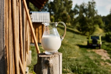 Modern çiftlikteki köy evinin yakınındaki büyük kavanoz taze sütün nesne fotoğrafı.
