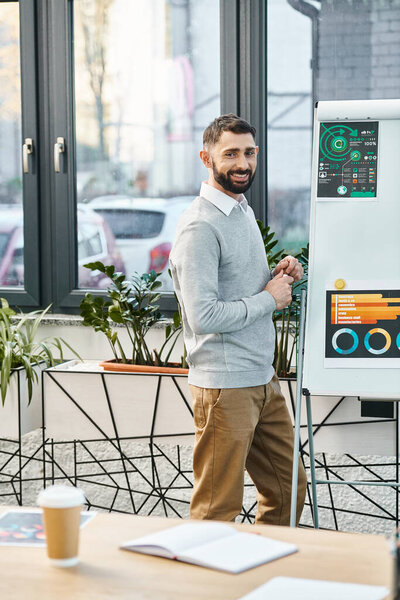 Мужчина в деловой одежде, стоящий перед доской, представляющий и обсуждающий идеи в офисе.