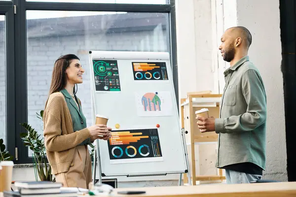 Man Woman Engaging Corporate Discussion Brainstorming Ideas Together Front Whiteboard — Stock Photo, Image