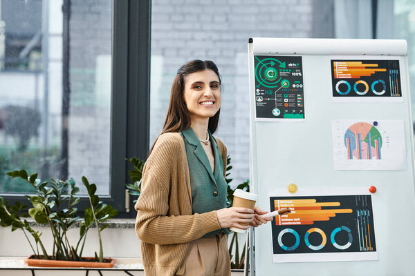 A businesswoman standing confidently in front of a whiteboard, leading a corporate project discussion in an office setting.