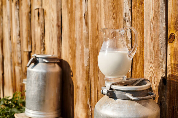 object photo of metal churn and jar of fresh milk placed outside nearby village house on modern farm