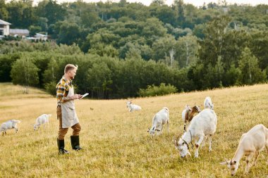 good looking modern farmer with beard and tattoos using clipboard to analyze his cattle of goats clipart