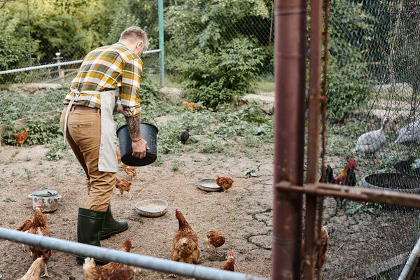 appealing hard working man with tattoos feeding chickens in their aviary while on his farm