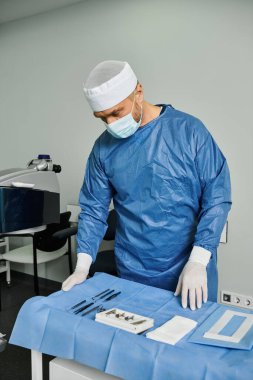 Cerrahi önlüklü bir adam bir makineye hassas bir ameliyat yapar..