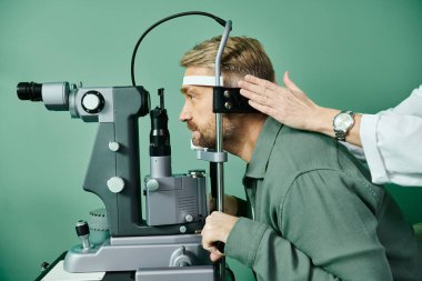 Çalışkan doktor, doktorun muayenehanesinde lazer görme düzeltmesi için adamın gözlerini mikroskopla inceliyor..