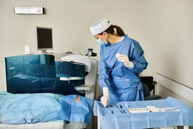 A woman in a hospital gown by a bedside. clipart