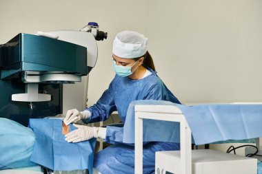 Önlüklü kadın lazer görme düzeltmesi için bir makine çalıştırıyor..