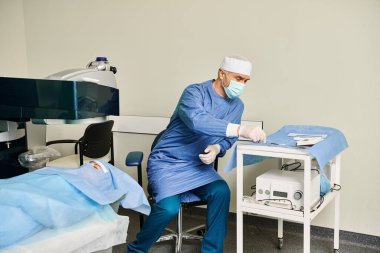 Ameliyat elbisesi giymiş bir adam masada oturuyor..