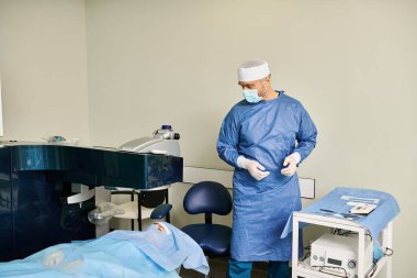 A man in a surgical gown stands beside a bed in a medical setting. clipart