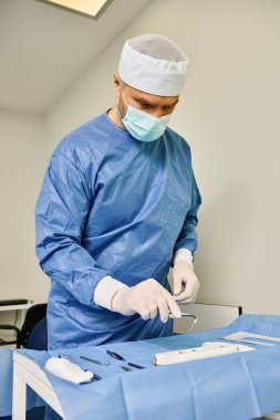 Cerrahi önlüklü bir adam ustalıkla cerrahi bir alet kullanıyor..
