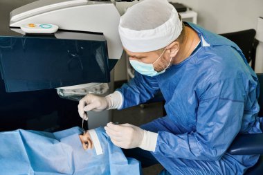 A man in a surgical gown delicately performs surgery in an operating room. clipart