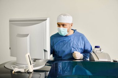 Doktor muayenehanesinde önlüklü ve maskeli bir adam bilgisayarın önünde duruyor..