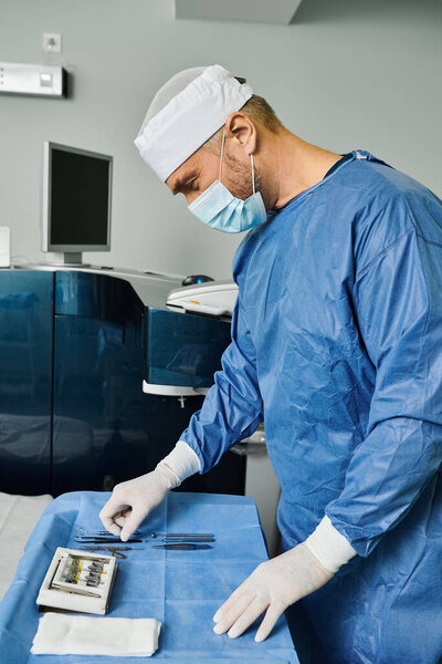 A man in a surgical gown and mask preparing tools.