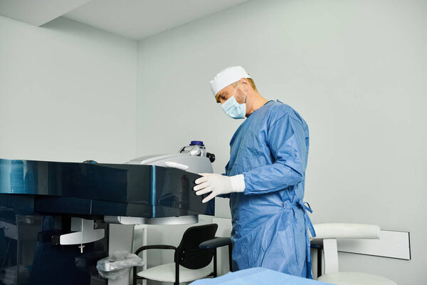 A surgeon in a gown operates a machine in a medical setting.