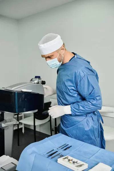 一位穿着长袍的外科医生精确地操作着一台机器 — 图库照片