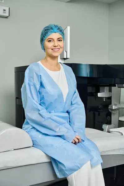 Woman Hospital Gown Seated Peacefully Bed — Stock Photo, Image