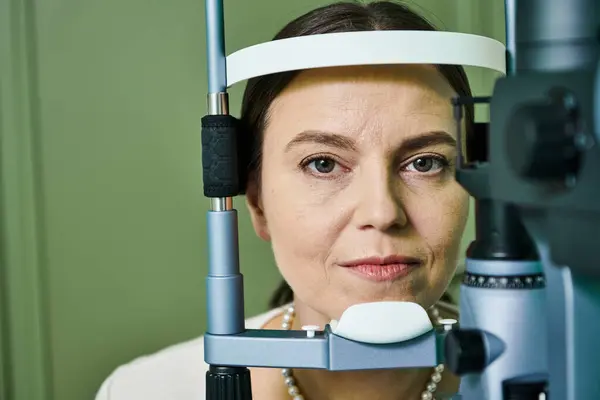 視力をチェックする女性患者を訴える — ストック写真