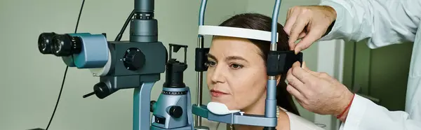 医療現場で医師から眼科検査を受ける女性 — ストック写真