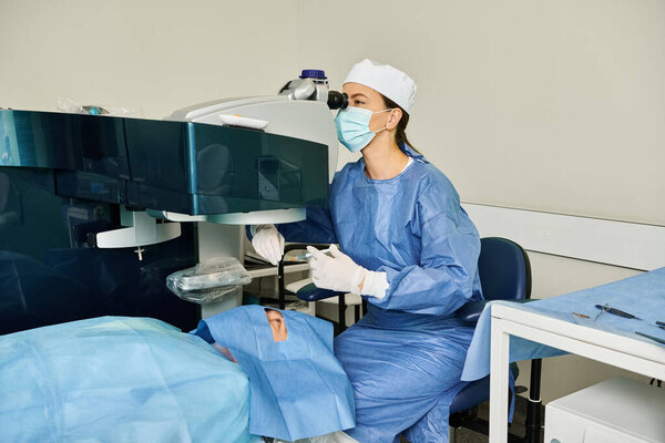 A woman in scrubs and a surgical mask sits in a hospital bed.