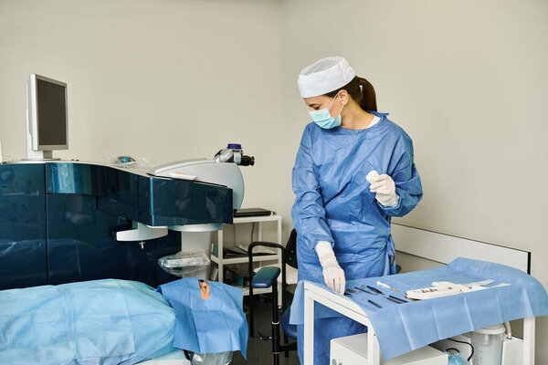A woman in scrubs and gloves stands in a hospital room.