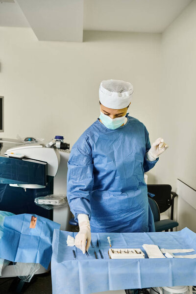 A skilled surgeon in surgical attire operates a precision machine in a medical setting.