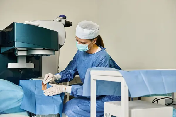 Frau Peeling Bedient Maschine Zur Laser Sehkorrektur — Stockfoto