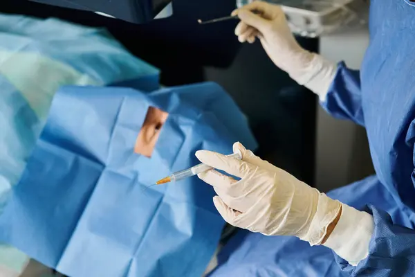 身穿医院长袍的妇女拿着注射器 — 图库照片