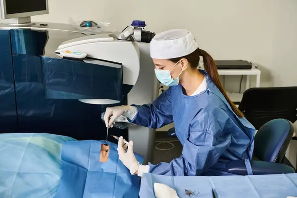 Een Vrouw Scrubs Voert Laser Vision Correctieprocedure — Stockfoto