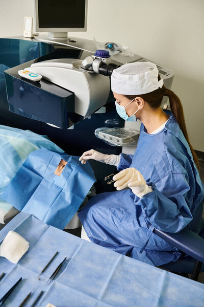 Женщина в хирургическом платье выполняет лазерную коррекцию зрения.