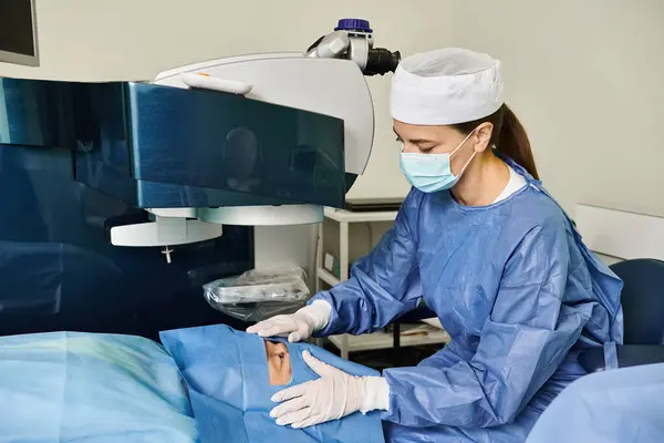 一位穿着手术礼服的妇女操作一台激光矫正视力的机器 — 图库照片