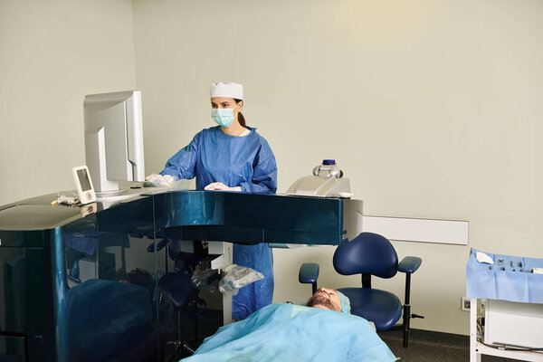 A person in scrubs lays on a hospital bed, tired yet resolute.