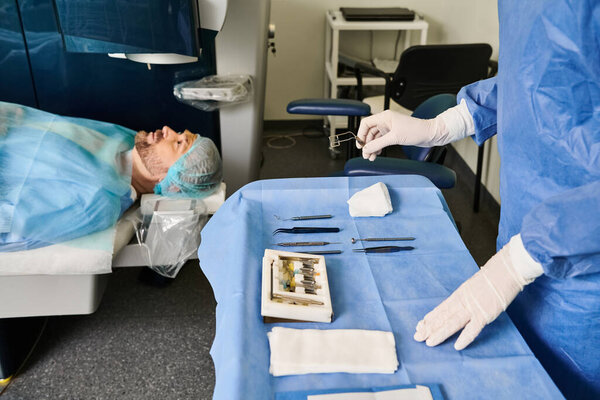 A woman rests in a hospital bed surrounded by medical equipment.