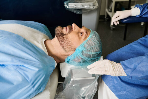 A man lying on a hospital bed, resting peacefully.