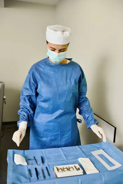 A woman in a surgical gown stands next to a table.