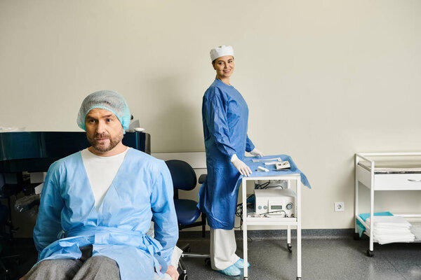 A man in a chair next to a woman in scrubs, discussing laser vision correction.