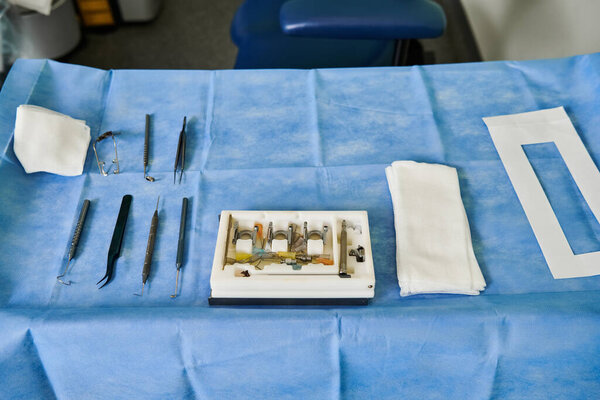 A table is set up with surgical equipment on top of a blue table cloth.