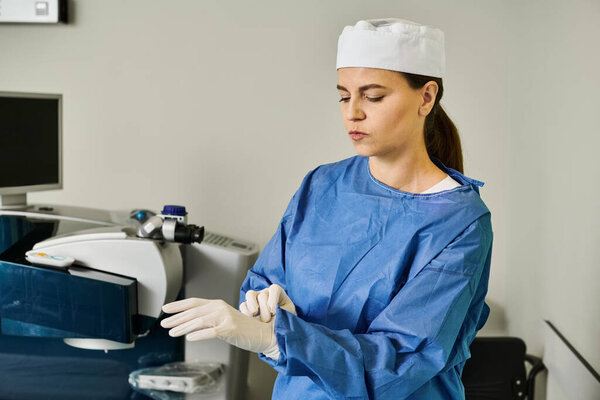 Женщина в форме изучает компьютерный экран в клинике.