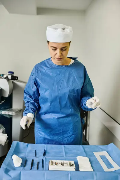stock image A woman in a hospital gown prepares to perform surgery in an operating room.