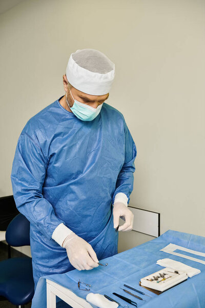 A surgeon in a gown operates a machine in a medical setting.