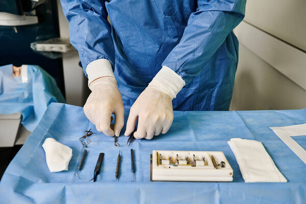 Человек в медицинском халате работает лазерная коррекция зрения.