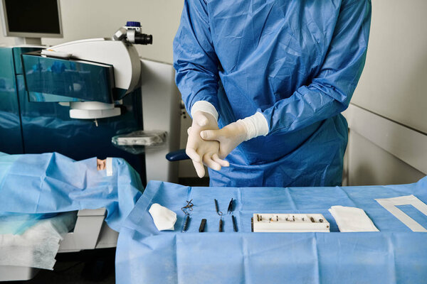 Hospital-gowned woman operates machine during laser vision correction at doctors office.