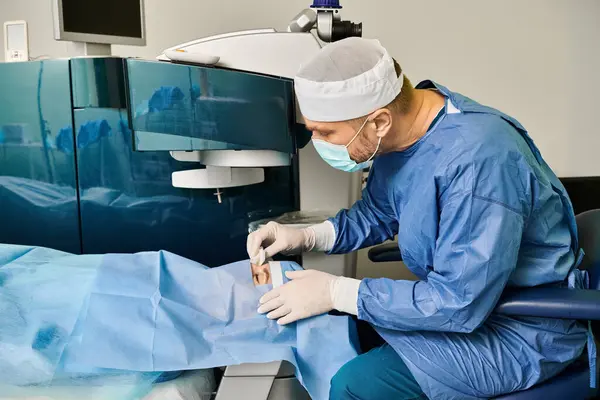 Hombre Con Una Bata Quirúrgica Opera Una Máquina Entorno Médico — Foto de Stock