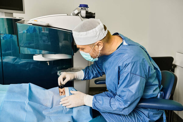 A surgeon in a gown operates a machine in a medical setting.