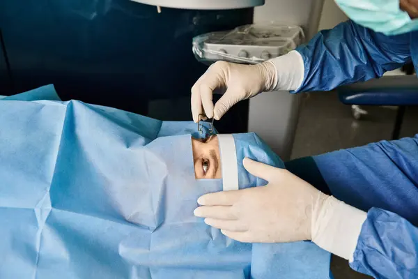 Una Persona Con Una Bata Hospital Realiza Una Cirugía Bajo — Foto de Stock